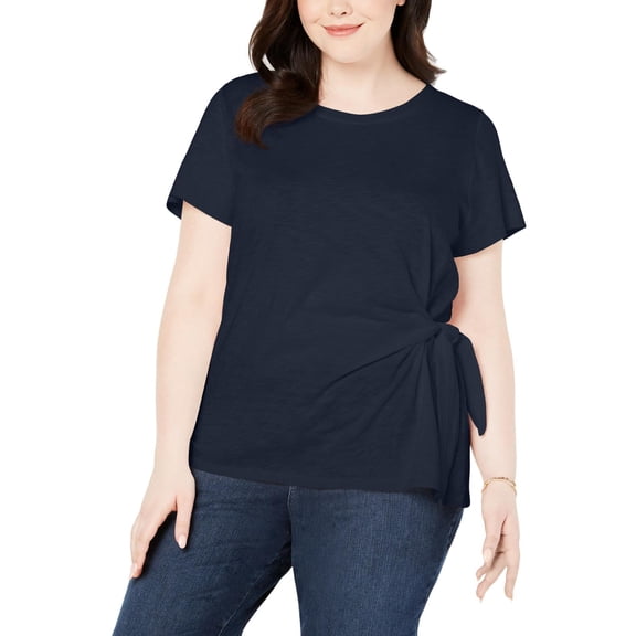 Style & Co. Womens Plus Side Tie Crewneck T-Shirt Navy 1X