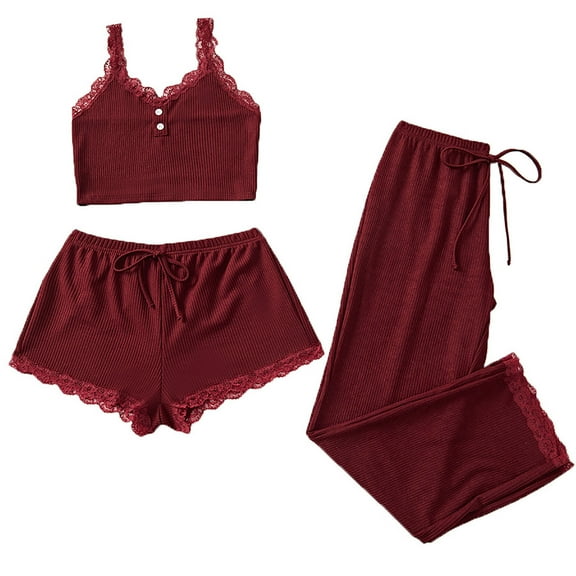 Women’s 3-Piece Lace Trim Pajama Set – Sexy Ribbed Sleepwear (2025 Summer Nightwear)