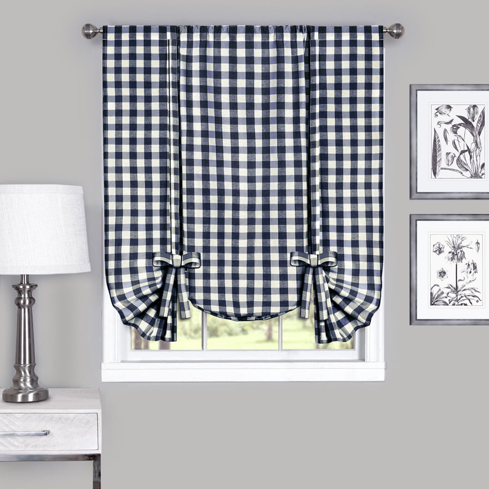 Woven Trends Farmhouse Curtains Kitchen Décor, Buffalo Plaid Shades, Classic Country Plaid Gingham Checkered Design, Farmhouse Décor, Window Curtain Treatments (Navy, Tie-Up Shade)