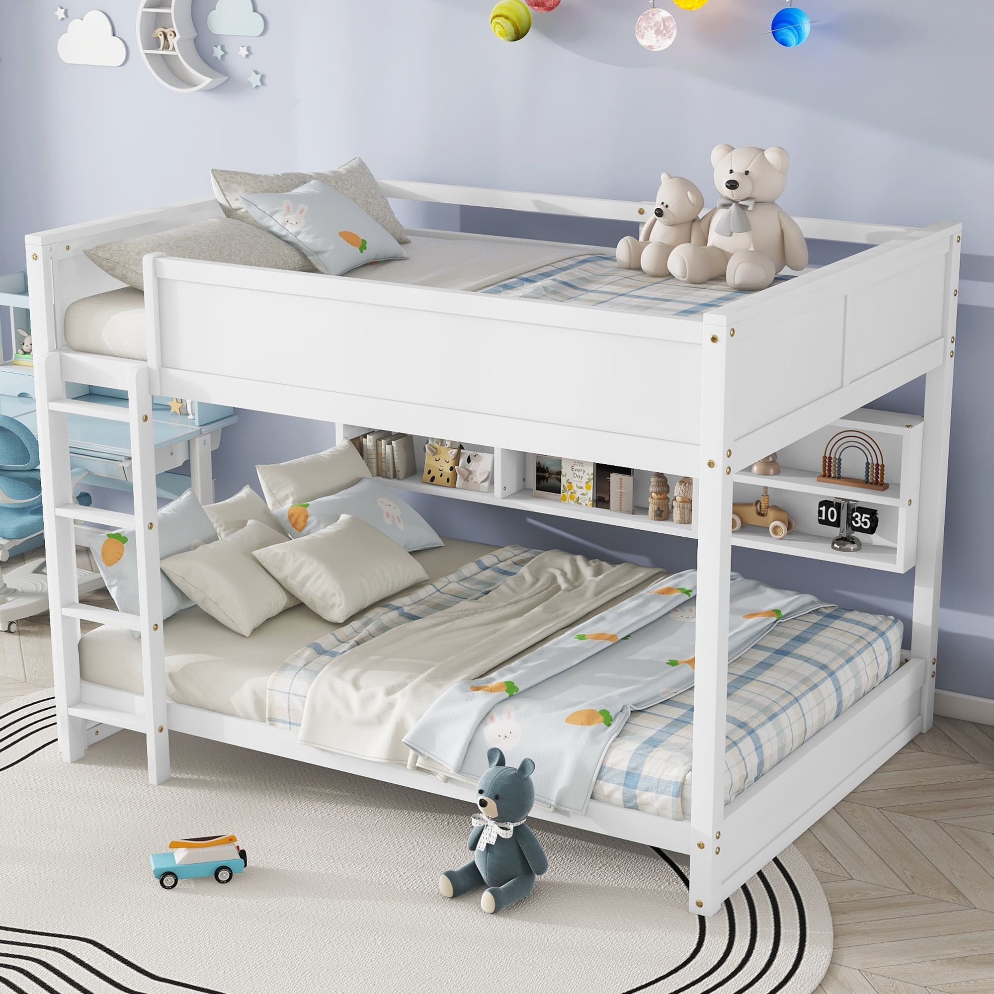 Leumius Queen over Queen Size Bunk Bed Frame with Built-in Storage Cabinets,Charging Station,Ladder,Safety Guardrails,Solid Pine Wood Bunk Bed for Boys Girls White