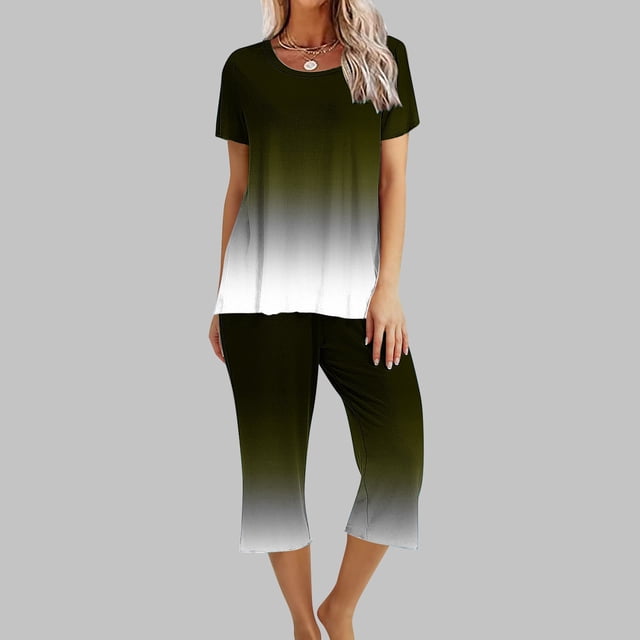 Offre à Durée Limitée Iumwxz Tenues de Pyjama Décontractées et Fluides Tenues d'Été Mignonnes pour Femmes Imprimé Dégradé Col Rond Manches Courtes Taille Élastique Pantalon Court Tenues pour Femmes Cadeaux de Vacances