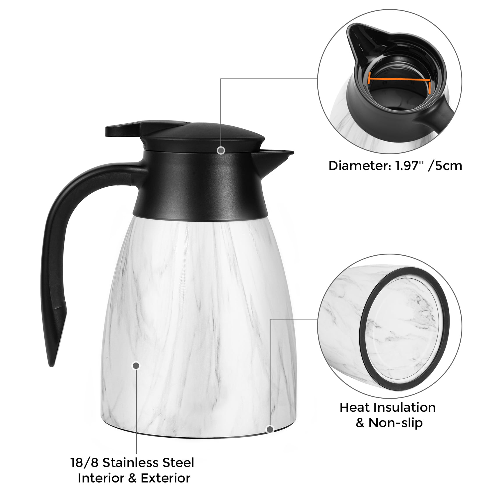 Coffee Carafe 51 Ounce Stainless Steel White Thermal Carafe Vacuum DUIERA  Coffee Pot Keep Hot/Cold 