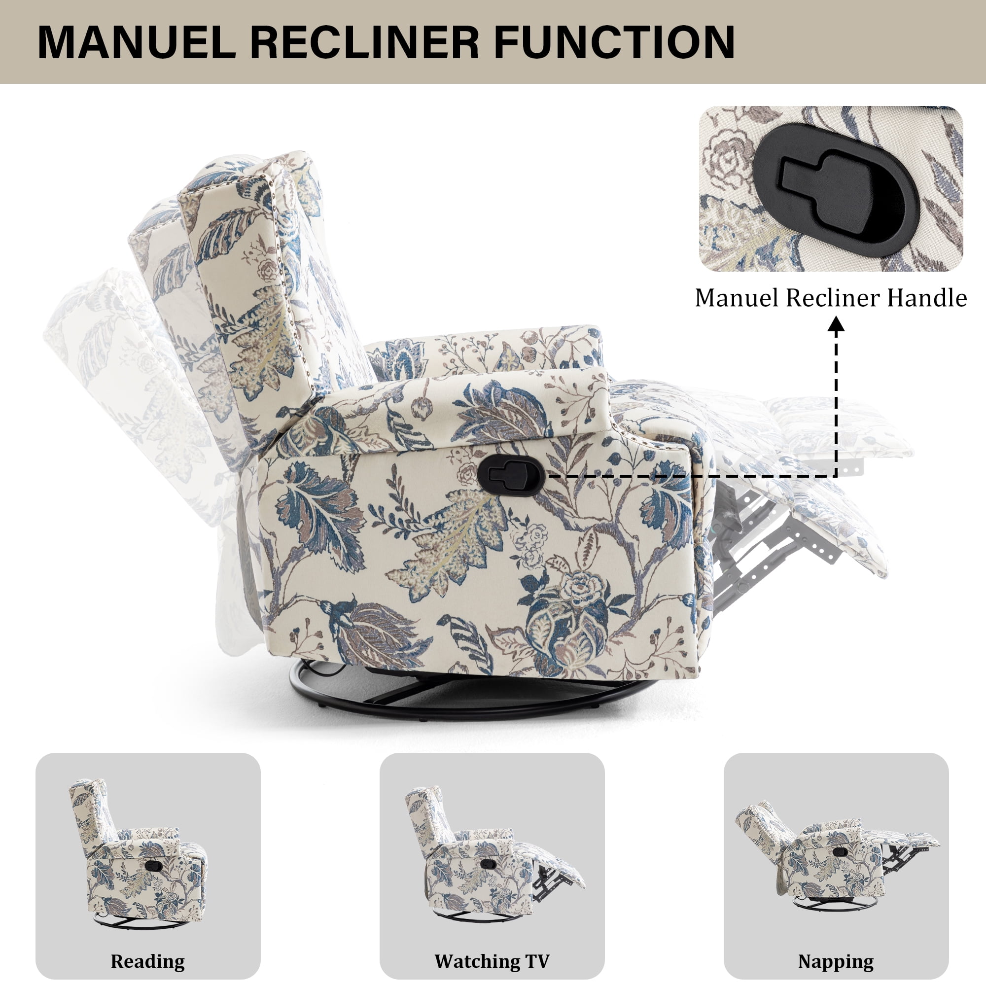 DREAMSIDEA Recliner Swivel Glider Rocker Nursery Chair for Adults, High Back Upholstered Rocking Armchair for Living Room, Manual Reclining Sofa Lounge Chair with Deep Seat in Fabric - Blue Plants