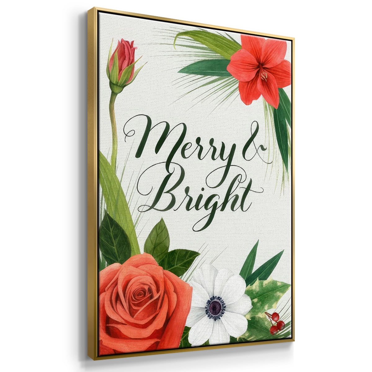 Christmas Flora Wreath Collection B - Framed Gallery Wrapped Holiday Canvas - 25 x 37 - Gold Frame