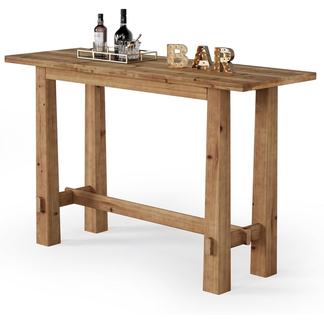 Fnova 63 Inch Tall Solid Wood Bar Height Table with Footrest, 350 lbs Capacity Bar Table for Home Bar Pub Bistro