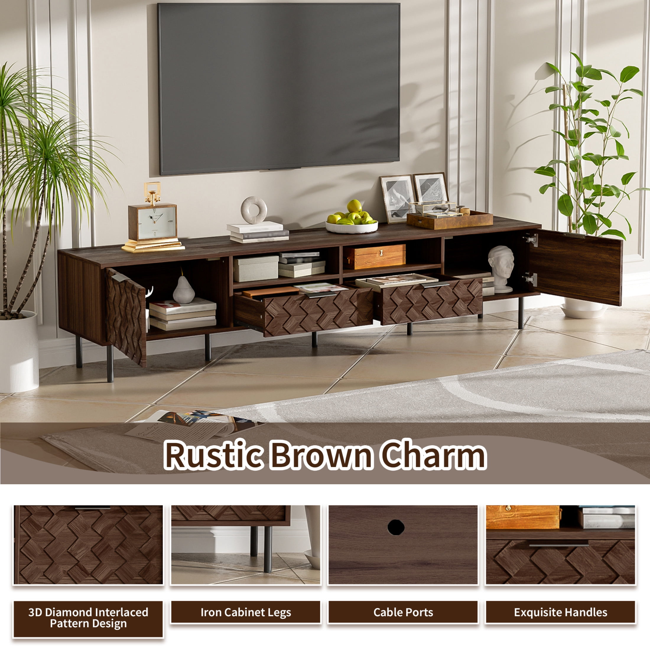 Noble House Modern TV Stand for TVs up to 85" with Storage Cabinets, Drawers and Open Shelves, Dark Brown