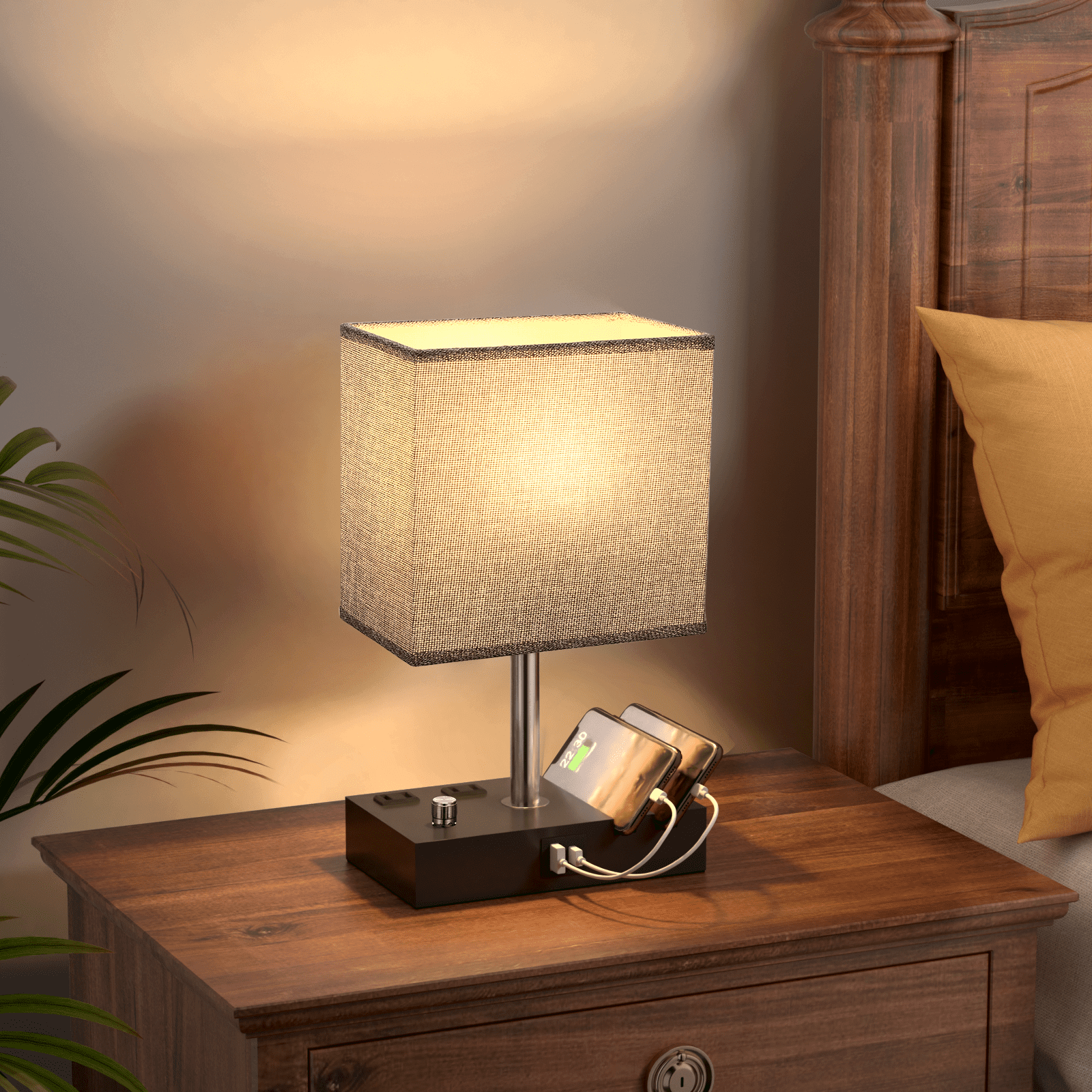 NiteLoom 16.3" Bedside Table Lamp with USB A+C Ports & 2 AC Outlets, Dimmable Nightstand Light for Bedroom, Living Room, Dorm, Office