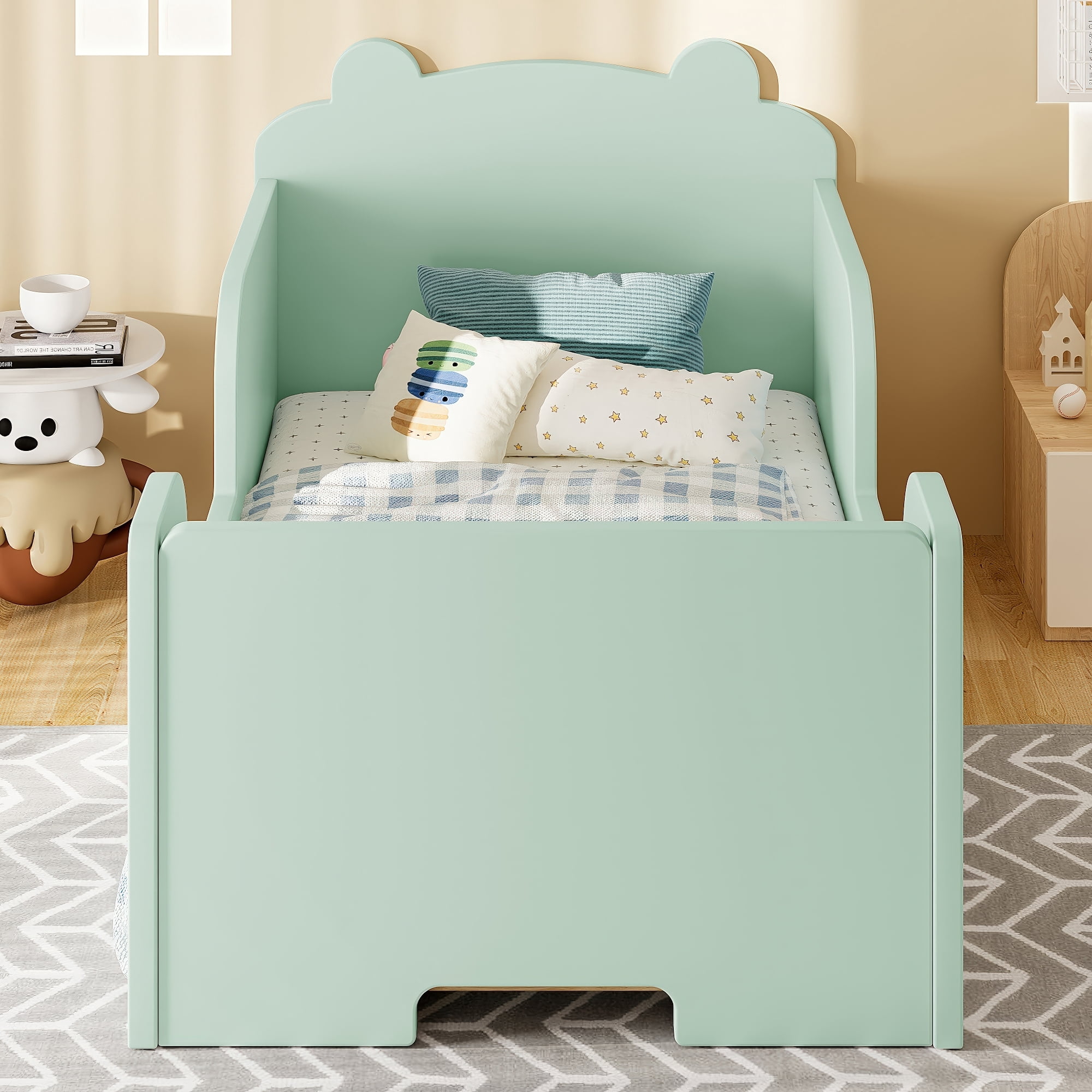 Jopath Toddler Floor Bed Frame, Cot Bed with Bear Shape Toddler Bed for Boys and Girls Green