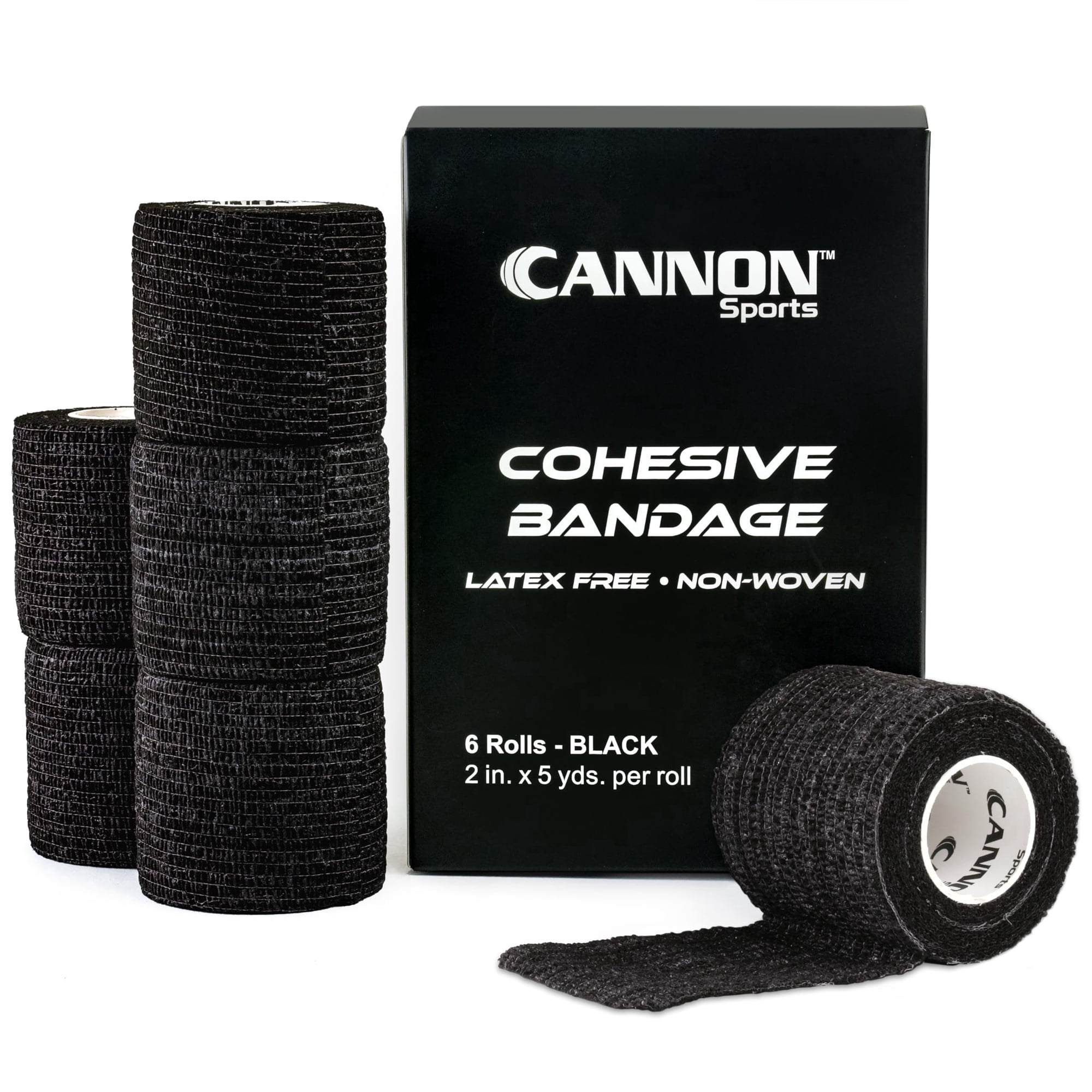 Cannon Sports 6 Pack Self Adherent Cohesive Wrap Bandage | 2” x 5 Yards First-Aid Elastic Self Adhesive Tape for Wrist, Elbows, Knees, and Ankles (Black, 6 Pack)