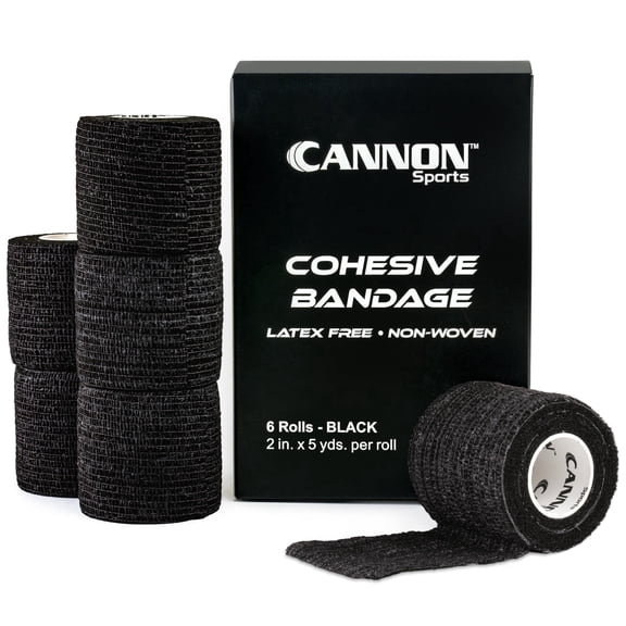 Cannon Sports 6 Pack Self Adherent Cohesive Wrap Bandage | 2” x 5 Yards First-Aid Elastic Self Adhesive Tape for Wrist, Elbows, Knees, and Ankles (Black, 6 Pack)