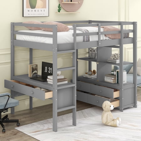 Modern Twin Size Loft Bed with Built-in Desk, Drawers, and Storage Shelves, Gray