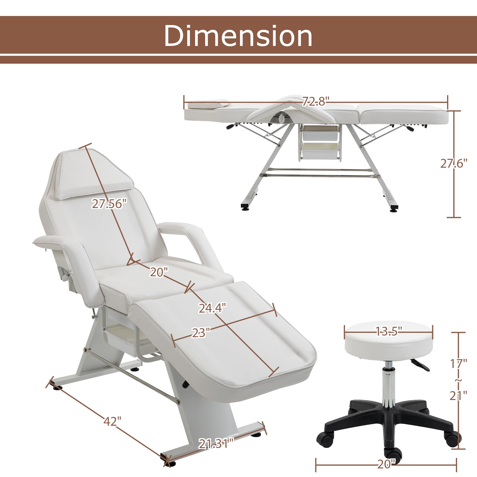 Miniyam 72.7" x 24.4" x 27.6" 3-in-1 Massage Bed & Tattoo Chair – 2 Trays, Hydraulic Stool, Adjustable 3 Sections – for Facial, Beauty, Barber – White