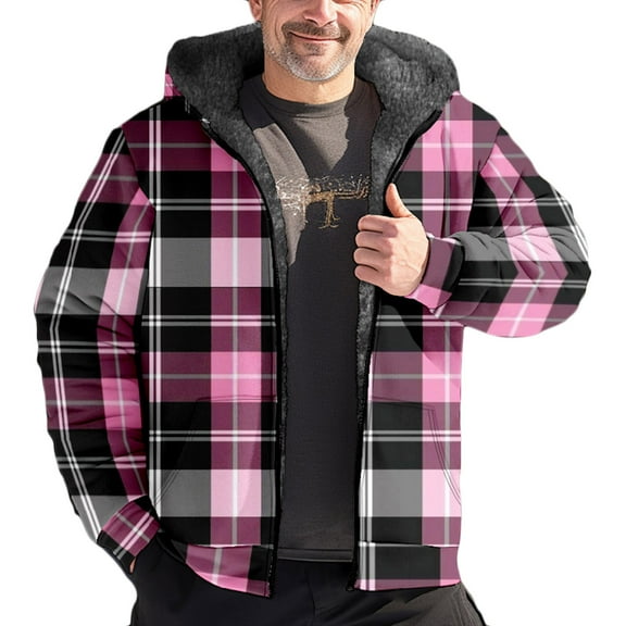 DDAPJ pyju Mens Oversized Sherpa Lined Hooded Coat Clearance Sales,Plaid Printed Sweatshirt Jacket Plus Size Full Zip Hoodie Coat Thick Winter Warm Coats with Pockets S - 6XL