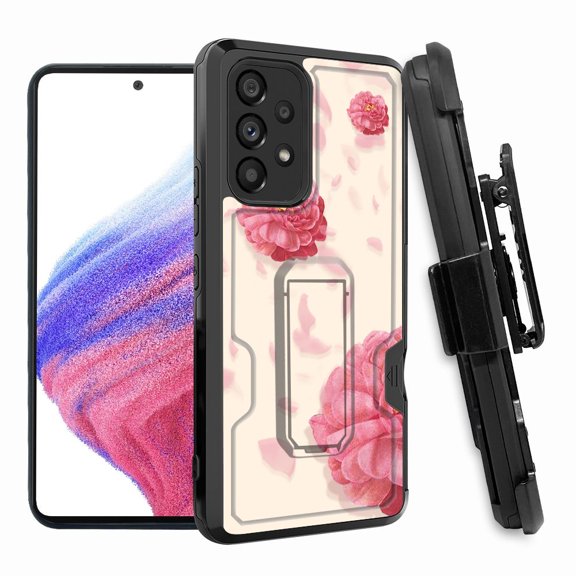 ANJ  Rugged Shockproof Hoster Case w/Card Slot, Kickstand   Tempered Glass Cover for Samsung Galaxy A33 5G - Roses Fantasy