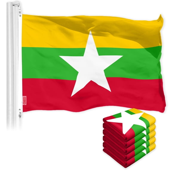 G128 5 Pack: Myanmar Burmese Flag | 3x5 Ft | LiteWeave Pro Series Printed 150D Polyester | Country Flag, Indoor/Outdoor, Vibrant Colors, Brass Grommets, Thicker and More Durable Than 100D 75D Poly