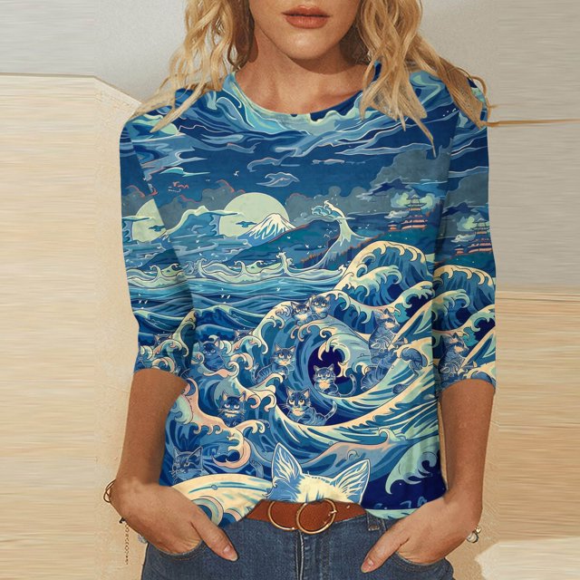 QIPOPIQ Hauts pour Femmes Manches 3/4 Décontractés Coupe Ample T-Shirts à Col Rond Mignons Unis Tuniques à Manches Trois Quarts Liquidation