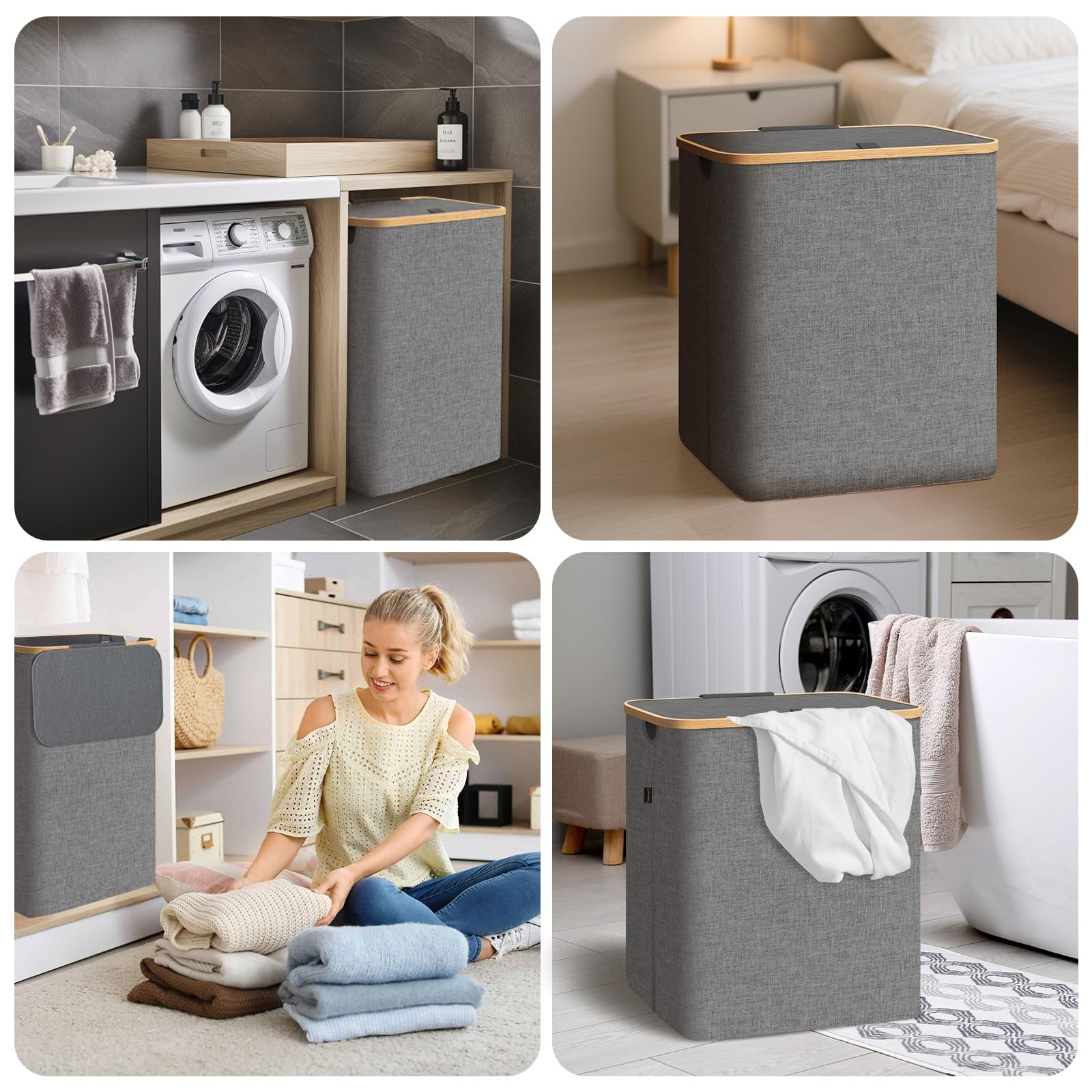 HOMLUX 36 Gallon/140L Laundry Basket Set, Collapsible Tall Clothes Hamper with Bamboo Handles and Sturdy Frame