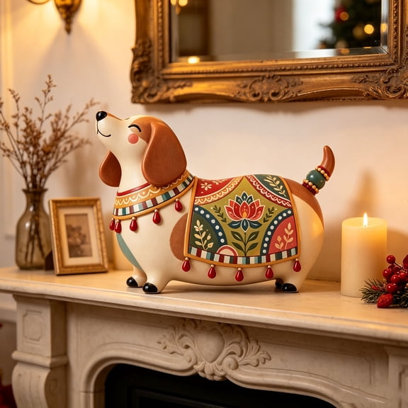 Lumulena Bohemian Dachshund Figurine, Hand-Painted Resin Dog Statue with Tassel, Multicolor Folk Art Decor for Shelf Mantel and Desk, Handmade Painted Art Pattern Decorative Ornaments