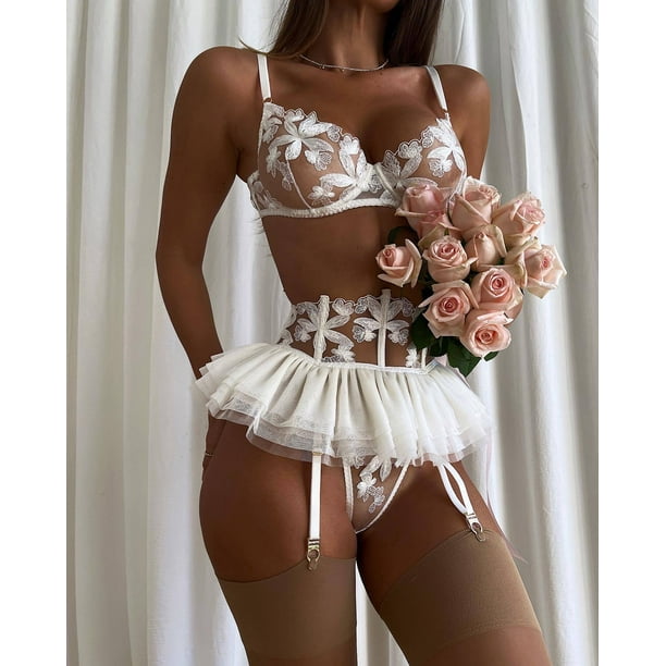 Conjunto de ropa interior sexy de tres piezas con sujetador y liguero bordado con falda pequena para mujer Bodega Aurrera en linea