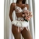 thumbnail image 2 of Conjunto de ropa interior sexy de tres piezas con sujetador y liguero bordado con falda pequeña para mujer, 2 of 6