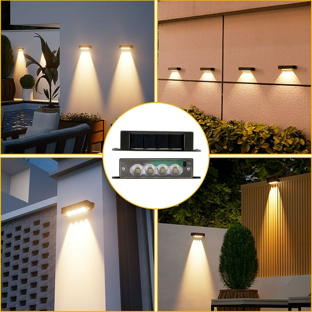 Luz de pared solar para exteriores, lámpara de camino de jardín de 4 LED, iluminación de seguridad automática inalámbrica desde el anochecer hasta el amanecer, plástico ABS resistente a la