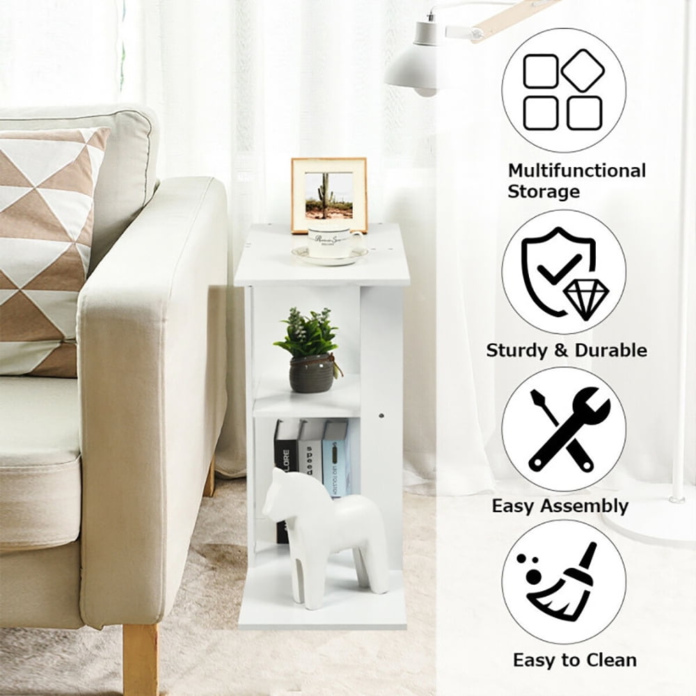 Finihen Side Table, 3-Tier Narrow Side Table with Storage Shelf, for Living Room, Bedroom, White