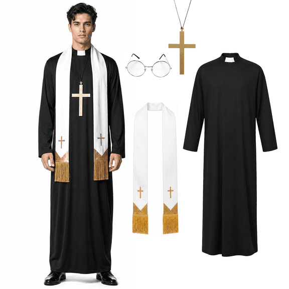 Alaiyaky Priest Costume Men, Vicar Outfit Monk Costume with White Priest Shawl Necklace, Vicar Fancy Dress Halloween Costumes for Men Women