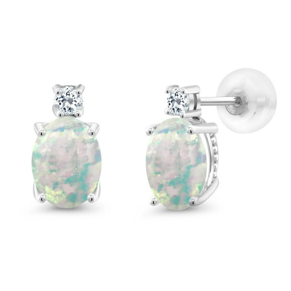 Gem Stone King 14k White Gold Simulated White Opal and White Topaz Earrings for Women (2.26Cttw, GemstoneOctober Birthstone, Oval Cabochon 8X6MM, Round 2.5MM)