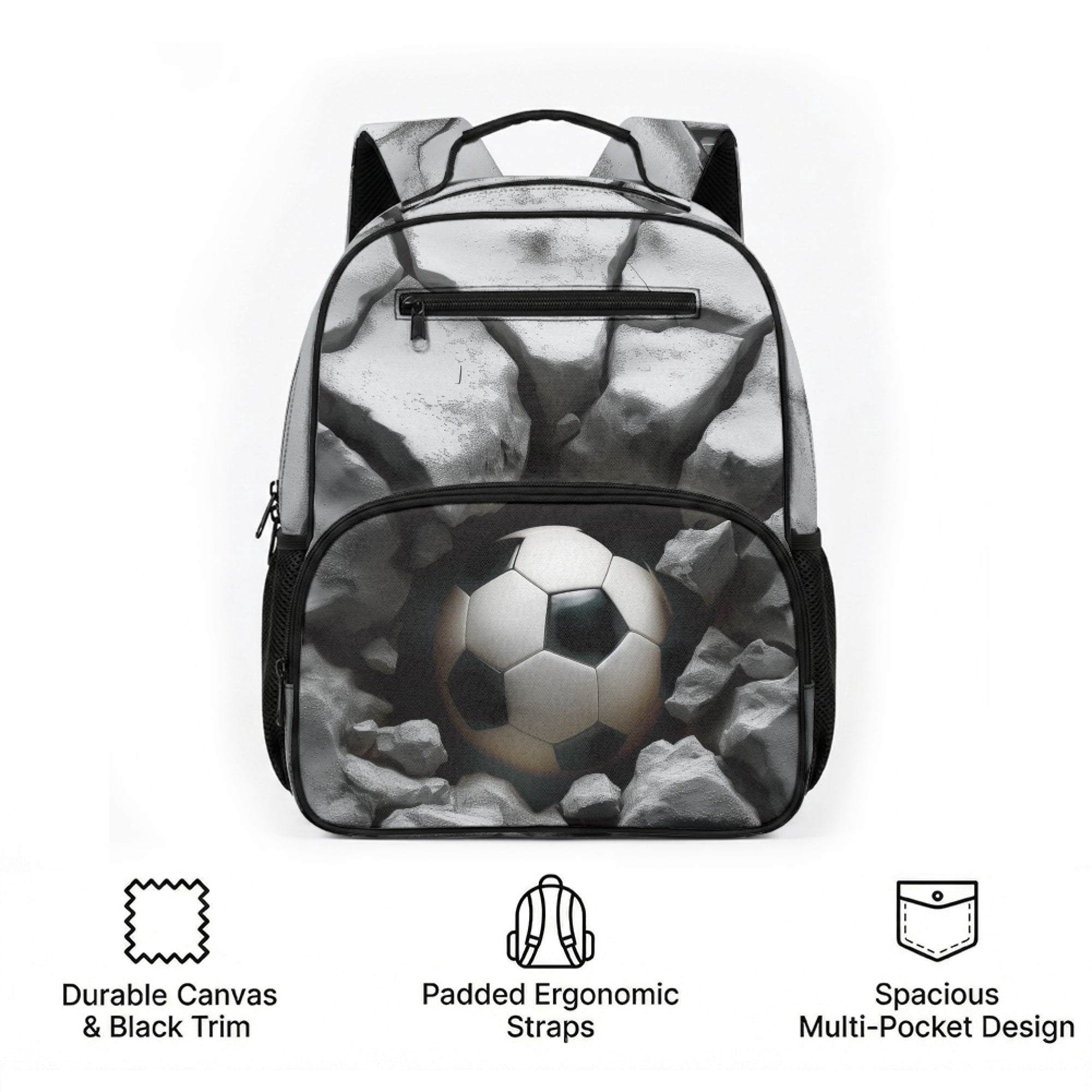 Chririnla 3D Soccer Cracked Rock Toddler Backpack Polyester Side Mesh Pockets Sturdy Toddler Preschool Polyester Backpack for Boys