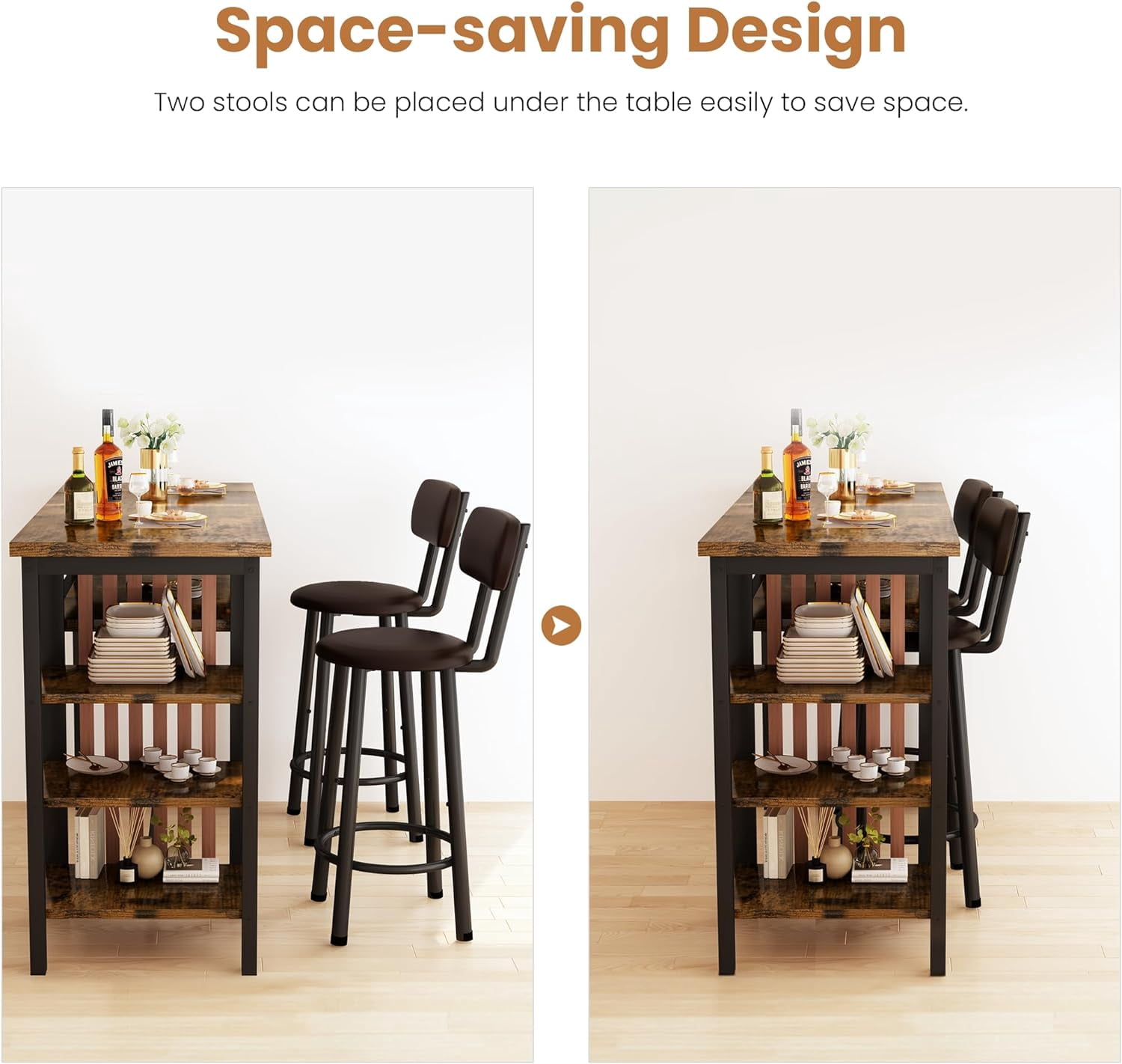 LinkRomat Bar Table and Chairs Set for 2, Marble Kitchen Island Table with 2 PU Bar Stools, Tall Kitchen Table and Chairs with Storage for Small Spaces, Home & Apartment, Brown