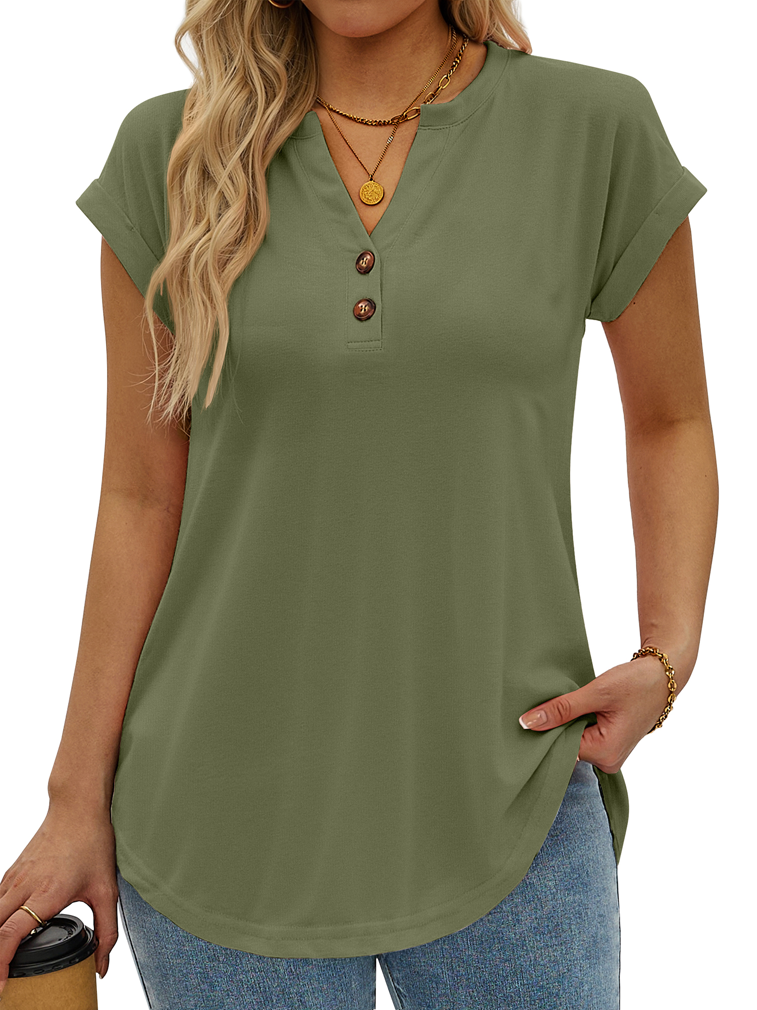 MOSHU Women's Henley T-Shirt, V-Neck, Green photo 2