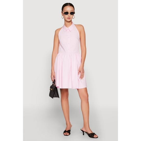 Womens Halter Button Front Skater Dress