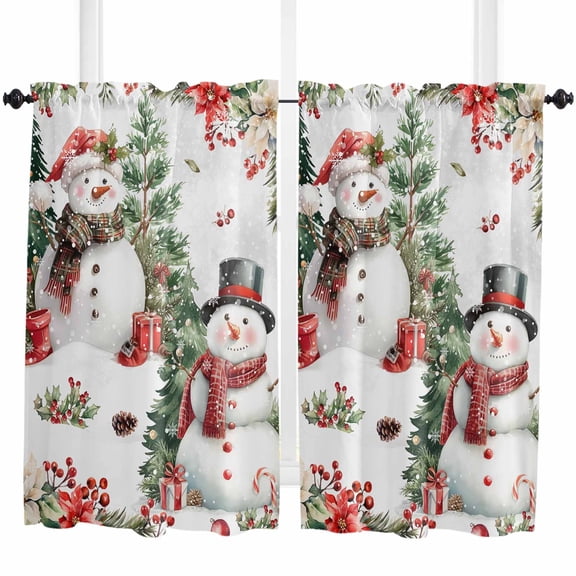 Snowman Christmas Kitchen Curtain 2 Panels Curtains 45 Inch Length, Xmas Tree Botanical Snowflake Curtains Rod Pocket Curtains Window Drapes Treatment Window Cafe Curtains