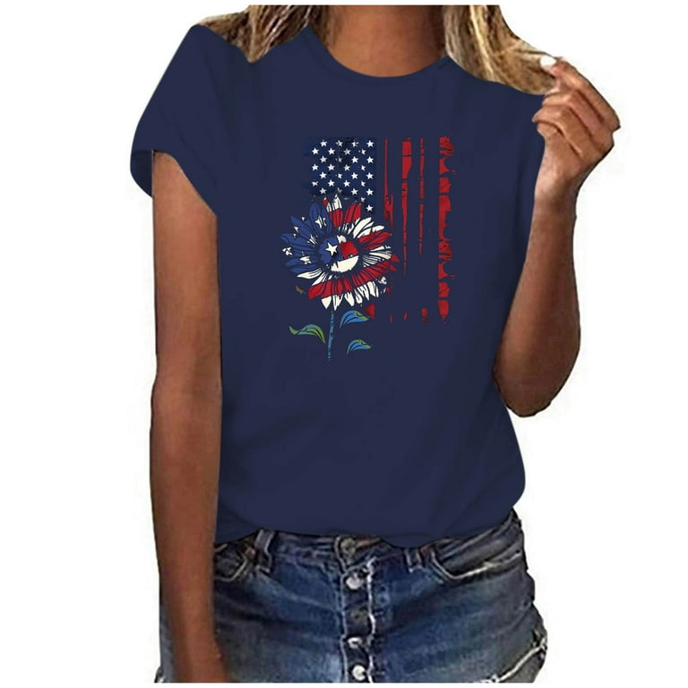 Women's American Flag V-Neck Tee – Patriotic 4th Of July Shirt, Stars & Stripes Graphic, Stretchy Casual Top