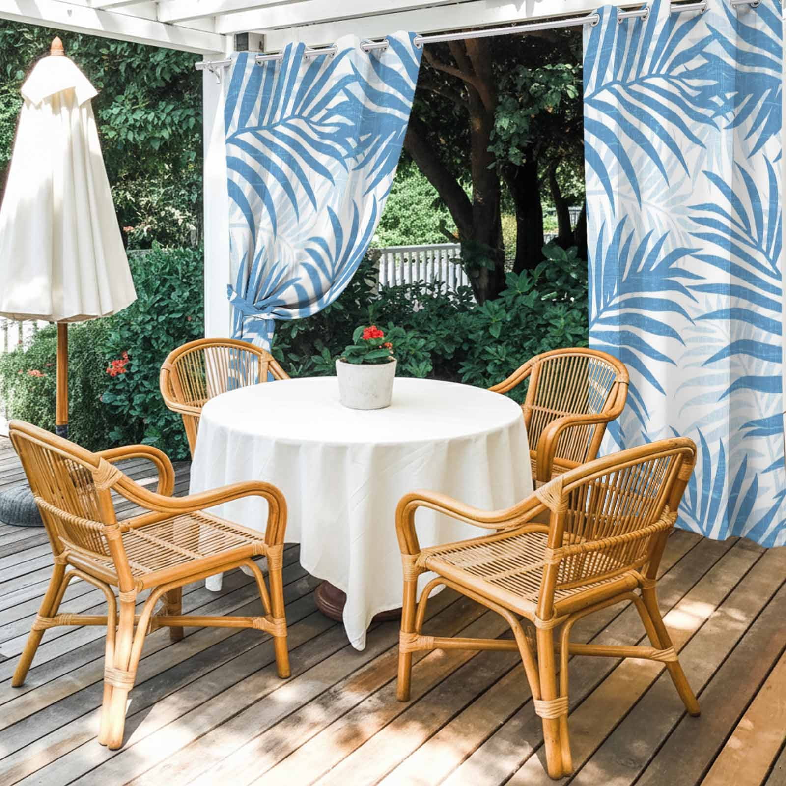 Sky Blue Palm Leaves Outdoor Curtains for Patio, Summer Botanical Tropical Plant Rustic Sunshade Privacy Drapes Grommet Waterproof Outside Curtains for Porch/Cabana/Balcony 54"x 108", 1 Panel
