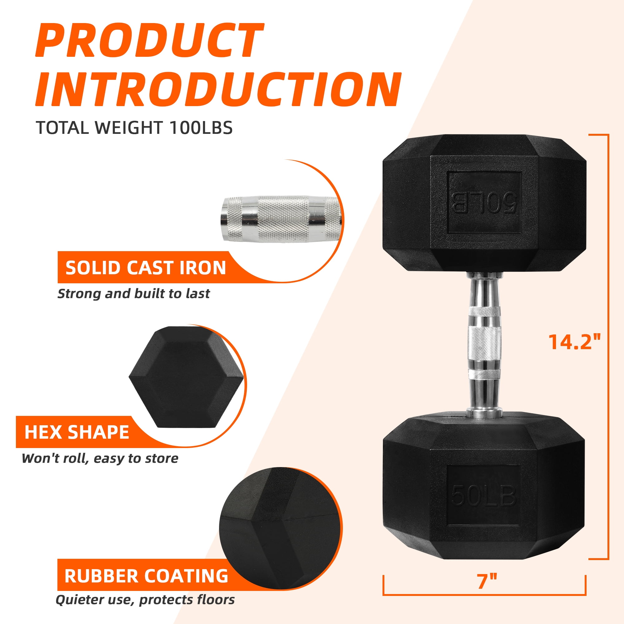 FlexWave Rubber Encased Hex Dumbbell – 10-50 lb, Black, Durable Non-Slip Weights for Home & Gym Workouts