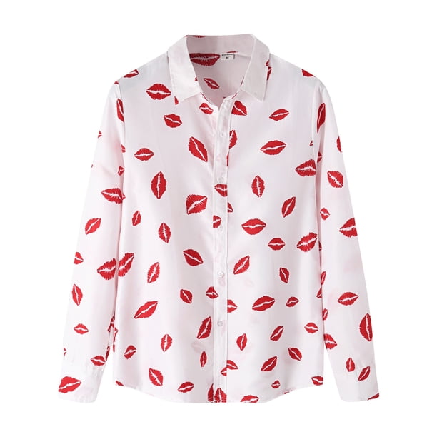 Hombres Labio Impreso Turndown Collar Botón de manga larga Otoño Abajo Camisa Tops Blusa Pompotops oipoqjl25734
