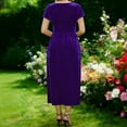 thumbnail image 4 of Floral Wedding Guest Dresses for Women Women's Short Sleeve Velvet Midi Dress Round Neck Elastic Waisted Solid Color Elegant Formal Evening Party Dresses Purple M, 4 of 7