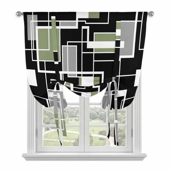 Sage Green Black Geometric Balloon Curtains for Windows, Bedroom Curtains 54 Inch Length, Modern Abstract Art Block Tie Up Curtains Panels Thermal Insulated Bathroom Curtains Window 42"x54"