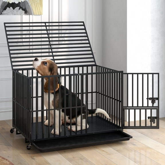 Uforic 42" Heavy Duty Dog Crate for Large Dogs with Lockable Wheels, Dog Kennel with Removable Tray