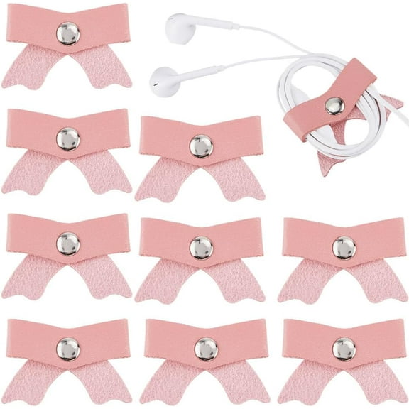 10Pcs Cord Organizer Clips Bulk Pink PU Leather Bowknot Bow Cable Straps USB Management Earphone Winder Storage Small Keeper Holder Organizers for Electronics Phone Cords Organization