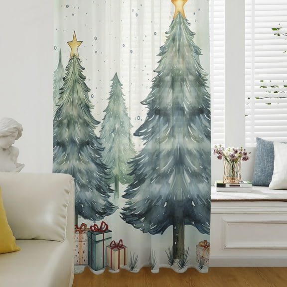 Christmas Tree Semi Sheer Curtains Drapes for Living Room, Bedroom, French Doors Window 96 Inches Long, Green Xmas Tree Christmas Gifts Rod Pocket Chiffon Curtain Drapery Voile Draperies Panel