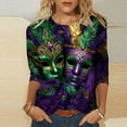 thumbnail image 2 of DDAPJ pyju Womens Mardi Gras Tops 3/4 Length Sleeve Casual Parade Blouses Crewneck Carnival Party Mask Graphic Tees Loose Fit Pullover T-shirt Multicolor M, 2 of 6