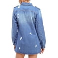 thumbnail image 3 of Women's Distressed Denim Cotton Button Up Long Military Utility Jean Jacket (Light Blue, S), 3 of 4