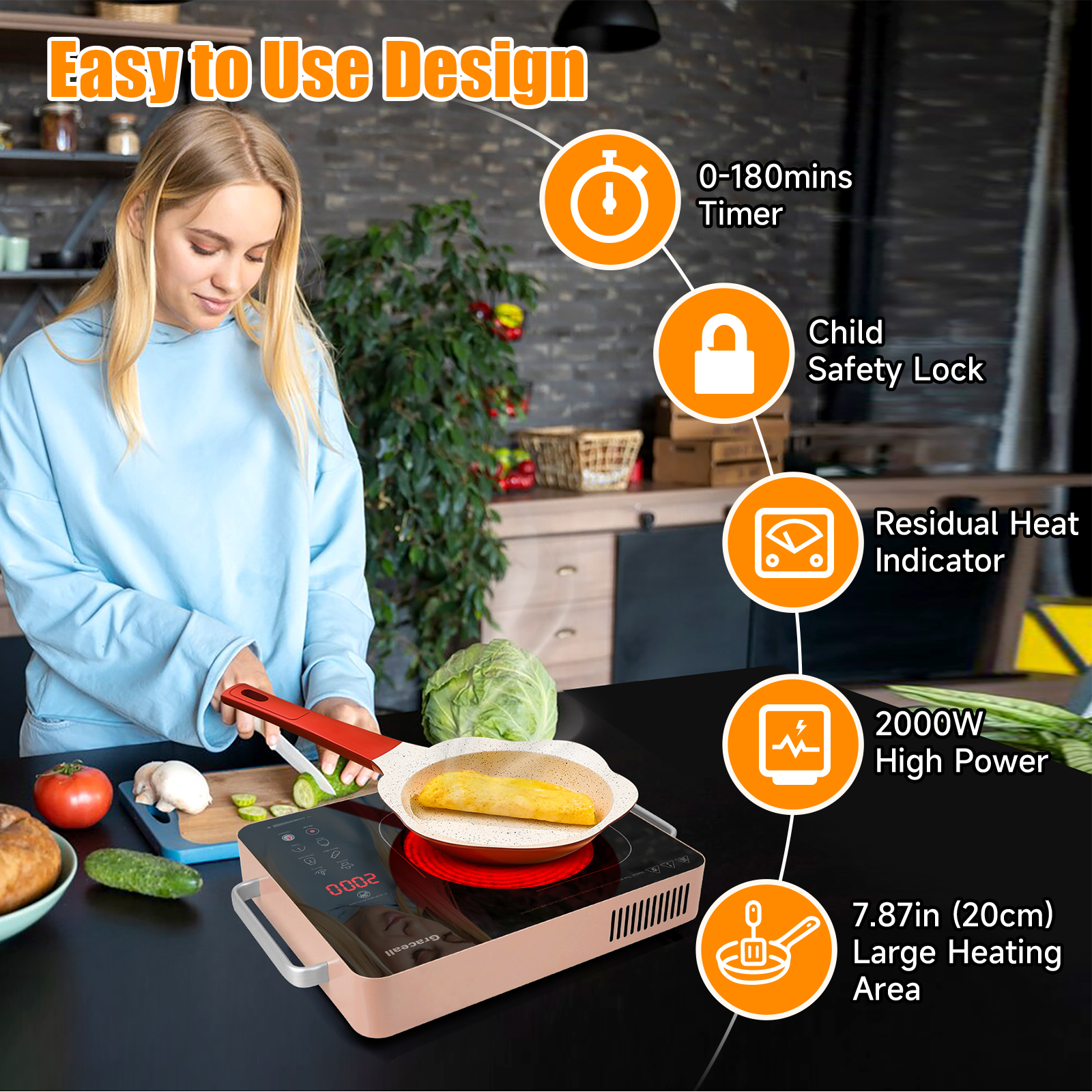GRACEALL 2000W Single Burner Cooktop Portable Electric Stove, Infrared Hot Plate for Cooking, 120V Kitchen Cooker, Knob Control Glass Cook Top with BBQ Grill