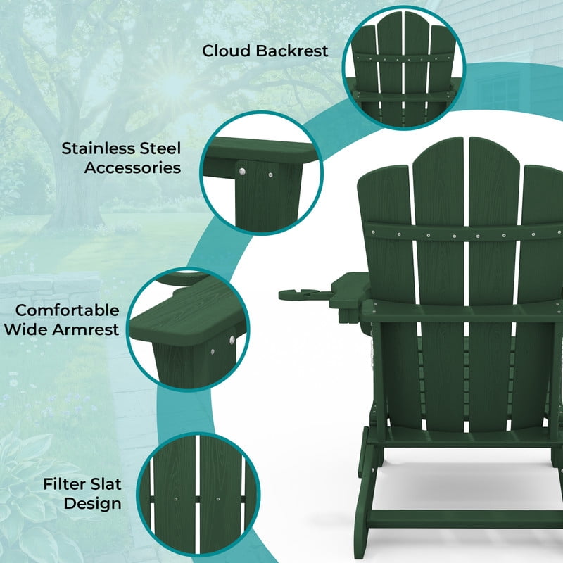 RIAFUN Outdoor Patio chair, Folding HDPE Resin Adirondack Chair with Double Cup Holder, Dark Green