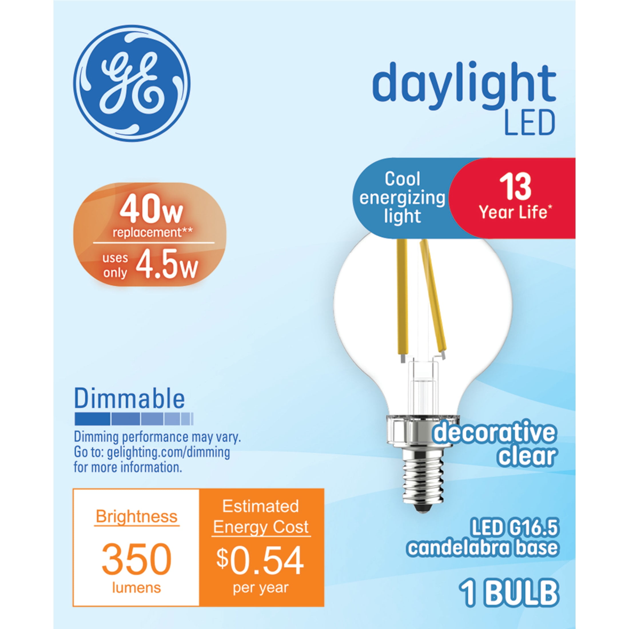 (2 pack) GE LED Light Bulb, 40 Watt, Daylight, G16.5 Globe Bulb, Small Base, 13yr