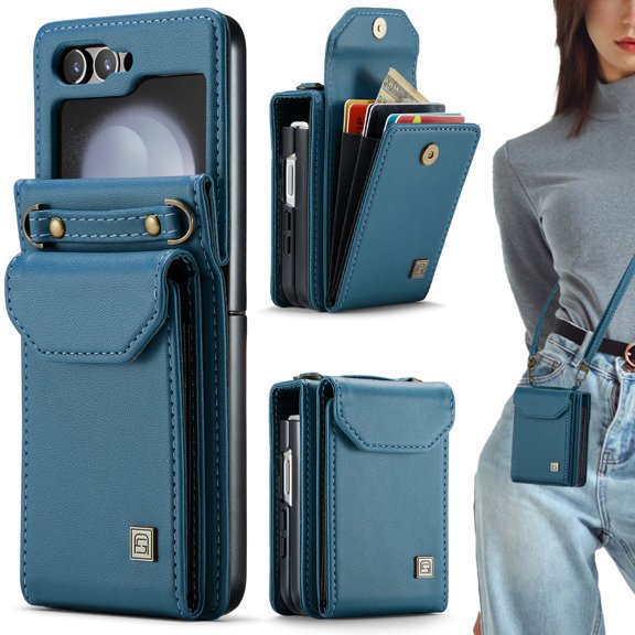 ELEHOLD for Samsung Galaxy Z Flip 6 Wallet Case, Durable Leather RFID Blocking Card Holder Detachable Wristlet Strap Flip Shock-Absorbent Wallet Phone Case for Galaxy Z Flip 6,Darkblue