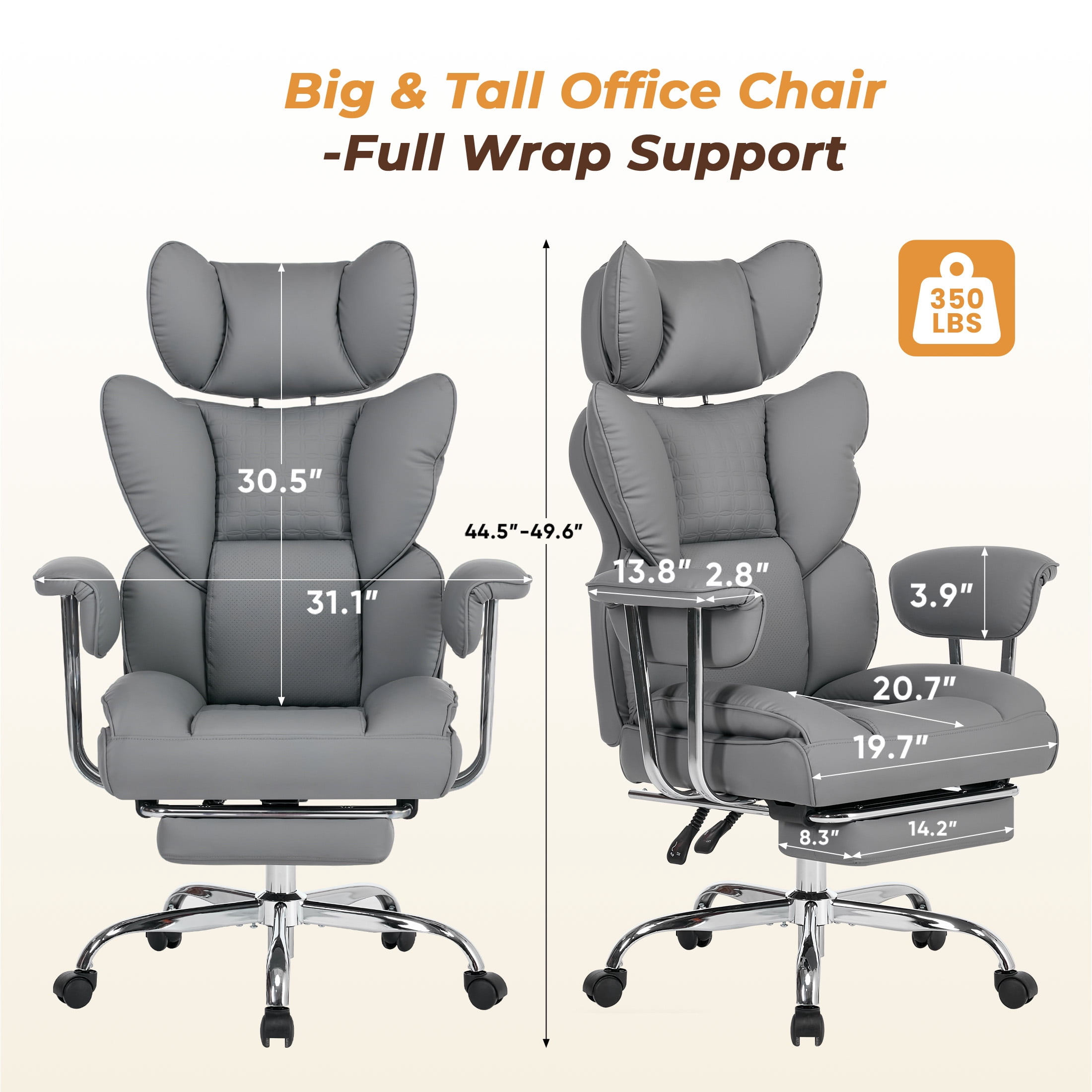 CONCETTA Ergonomic Big and Tall Office Chair, Scratch-Resistant PU Leather Executive Desk Chair with Spring Lumbar Support Gray