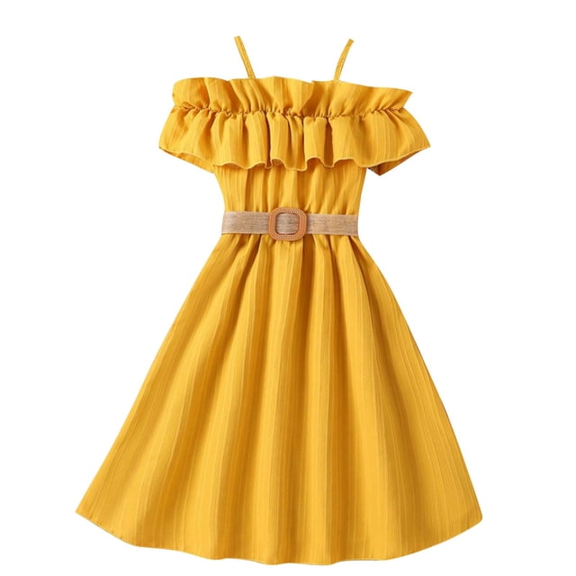 Odeerbi Vestidos de Gasa de Verano de Las Niñas Ruffle Fuera Del Hombro Vestido Sin Mangas de Color Sólido